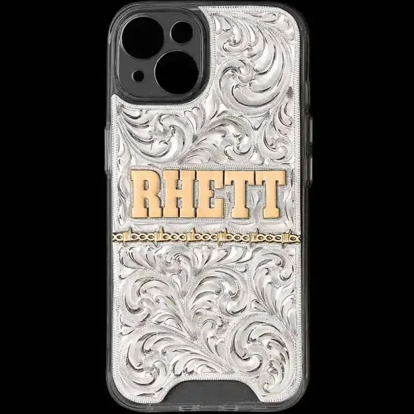 "A timeless accessory for a classic Western style. Our Lone Ranger Custom Phone Case is hand-engraved on a German Silver plate base that is securely attached to the phone case. In this design, we added Jeweler's Bronze lettering and barbed wire detai